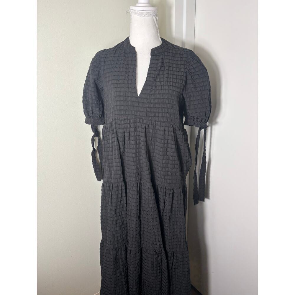 English Factory Black Textured Maxi Dress with Tie Sleeves
